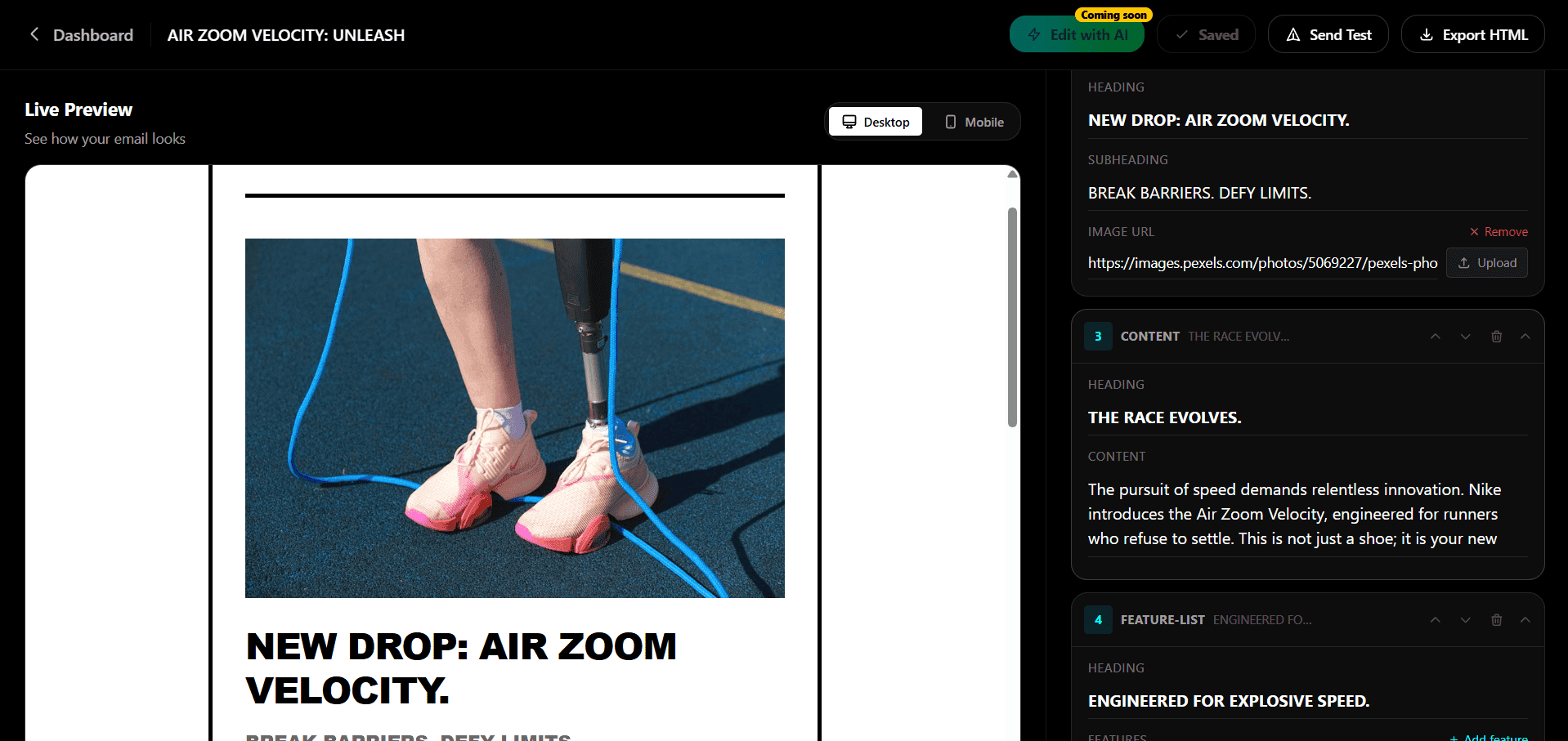Emlet AI email editor: drag-and-drop blocks, live preview, one-click HTML export